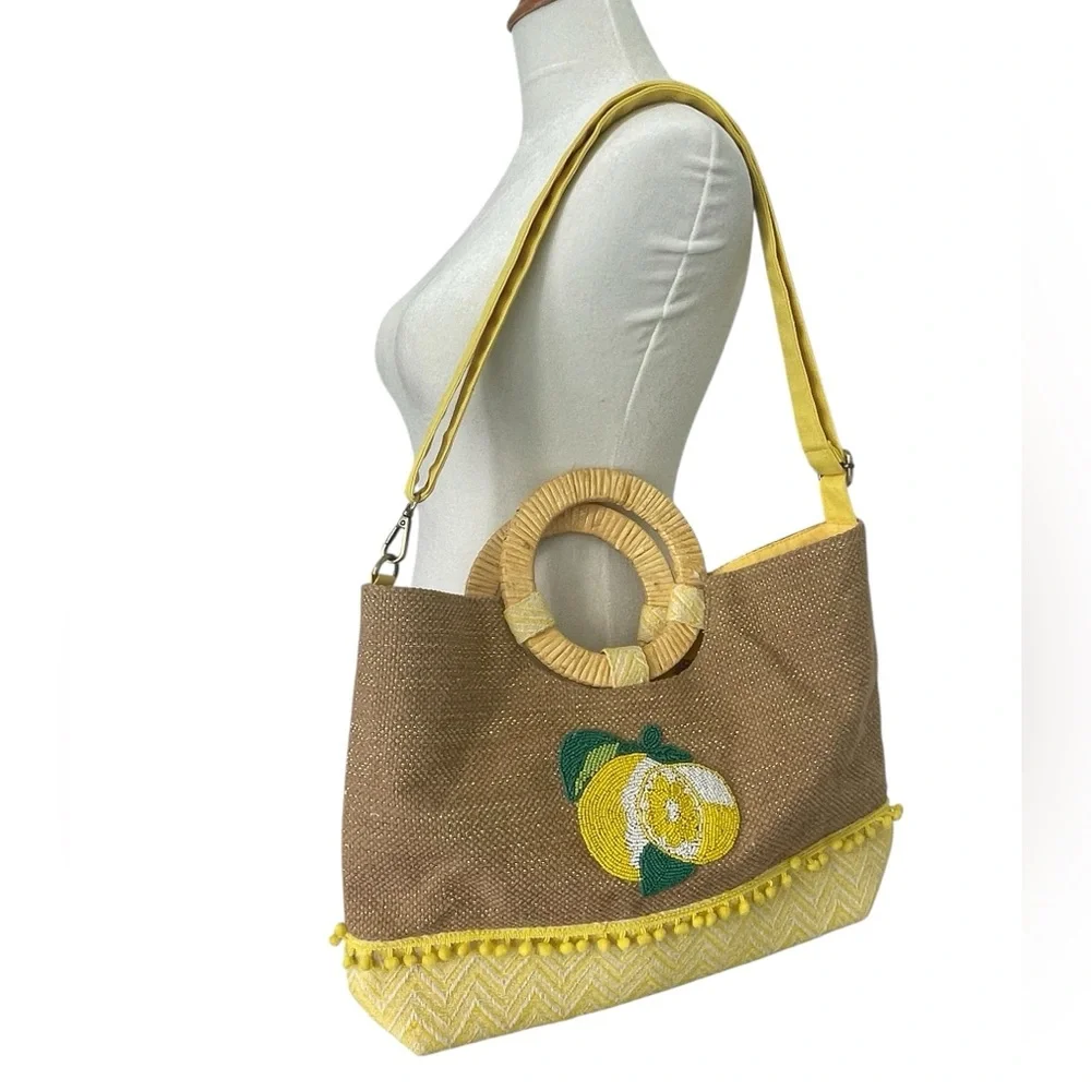 New America & Beyond Beaded Lemon Yellow Chevron Circular Wood Handle Tote NWT